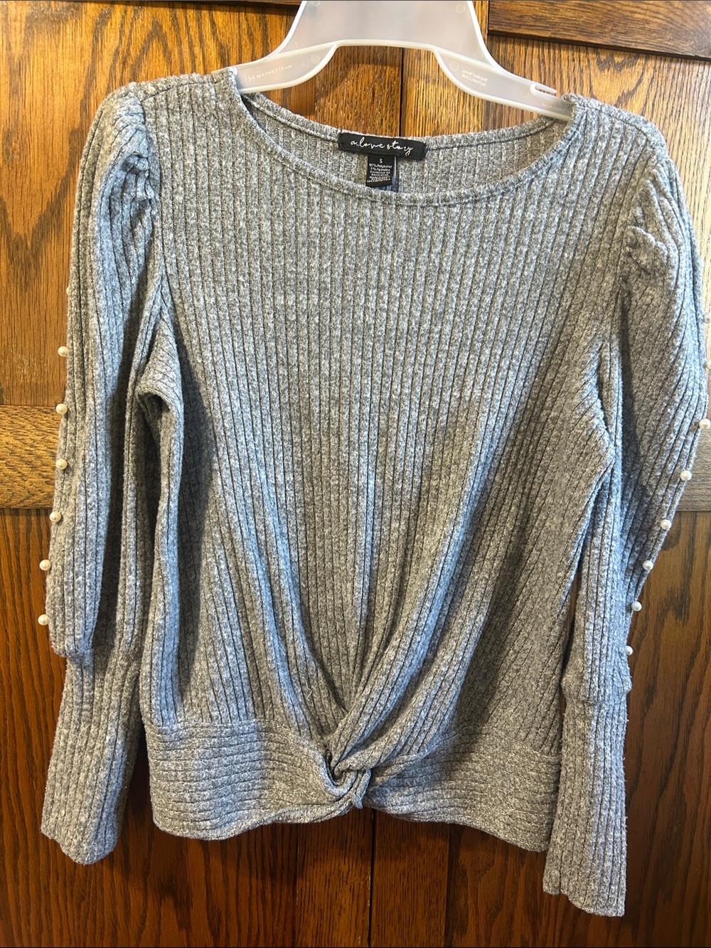a new day Light Gray Ribbed Twist-Front Long Sleeve Top with Pearl Sleeve Trim